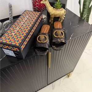 Kurt Geiger Black and Gold Croc-Embossed Slides